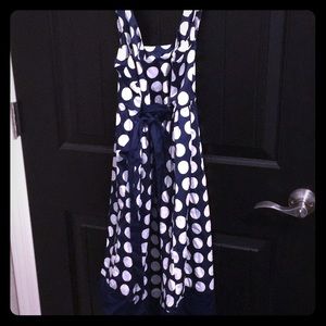 Blue and white polka dotted dress
